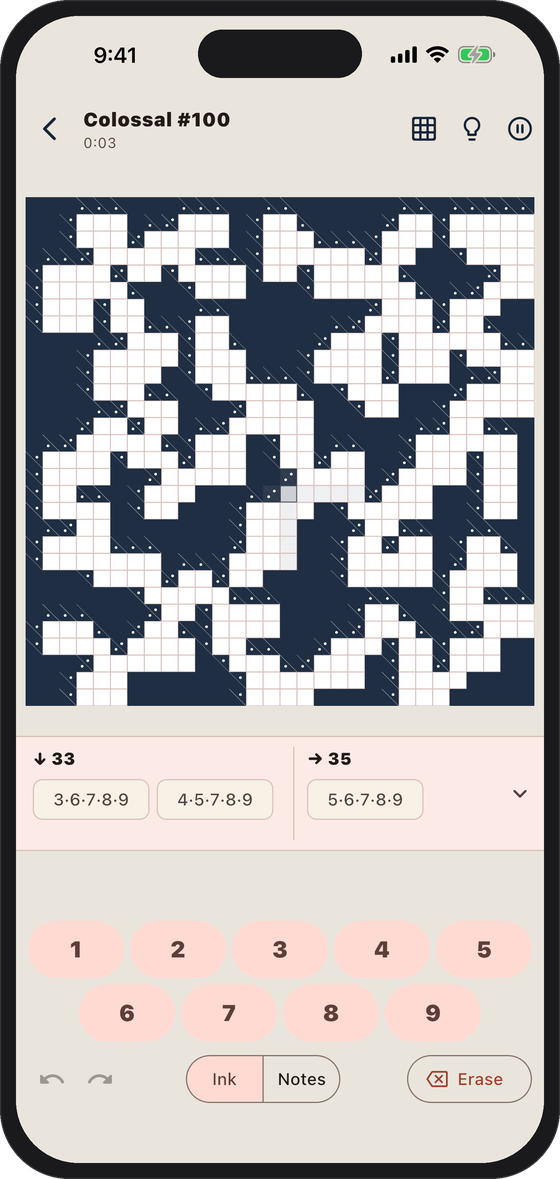 A 30x30 Colossal Kakuro board on the solving screen