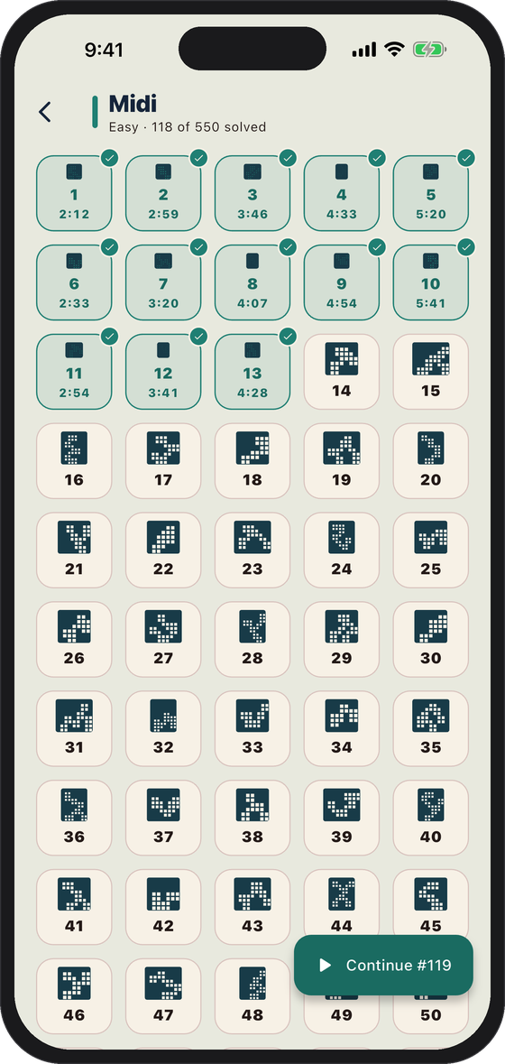 The puzzle list with each puzzle drawn as its own grid silhouette