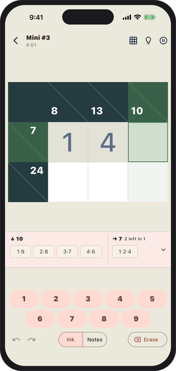 A beginner Kakuro puzzle with large cells and two provided digits