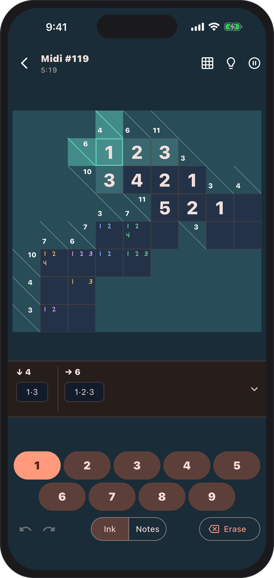 A Kakuro puzzle shown in the app's dark theme