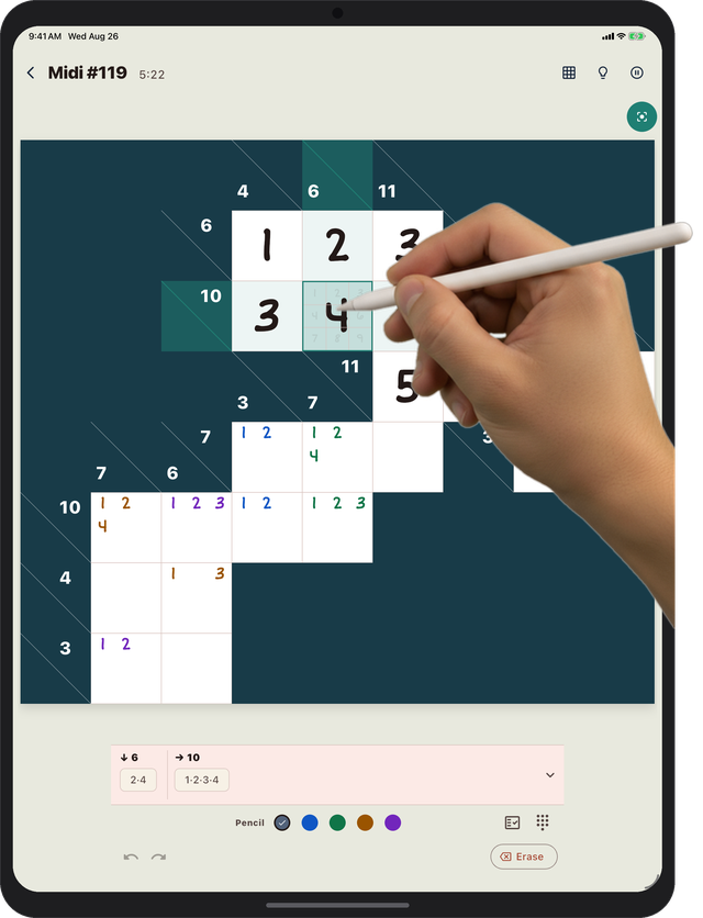 A tablet Kakuro board with handwritten digits inked into the cells